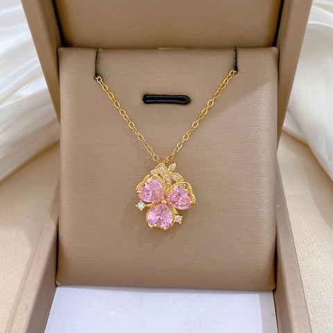 Three Petal Pink Heart Zircon Flower Pendant Necklace Titanium Steel Copper Micro Inlaid Elegant Jewelry For Women