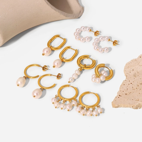 Künstliche Perlenohrringe 18K Vergoldete Legierung Edelstahl Retro Geometrische Drop Hoop Stecker Eleganter Schmuck Für Frauen