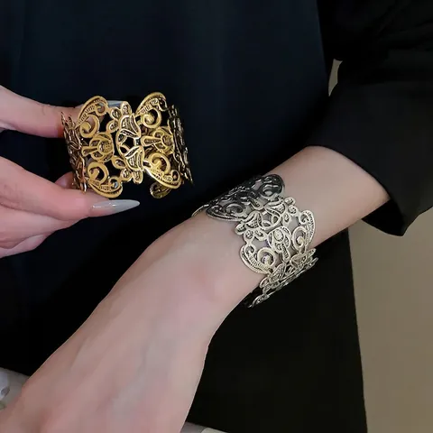 Wide Cuff Bracelet Metal Hollow Floral Filigree Adjustable Open Bangle Vintage Retro Jewelry Women