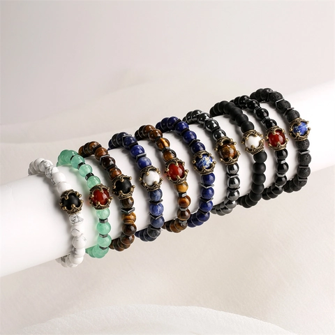 Natural Tiger Eye Lava Stone Agate Beaded Bracelet Vintage Alloy Crown Elastic Retro Wristband Jewelry For Men Women