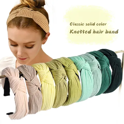 Women Wide Ribbed Knot Headband Solid Color Floral Bird Print Knit Cross Twist Hair Band Fashion Hair Accessories