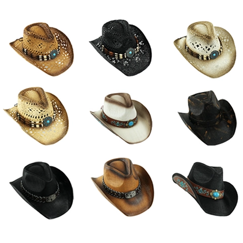 Vintage Western Cowboy Straw Hat For Women Men Hollow Out Woven Paper Sun Hat With Turquoise Bull Head Belt Outdoor Beach Hat