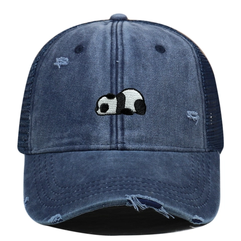 Washed Cotton Baseball Cap Panda Embroidery Mesh Trucker Hat Distressed Retro Outdoor Sunshade Adjustable Vintage Style