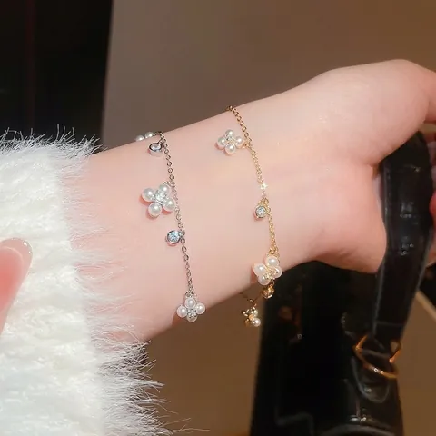 Flower Artificial Pearl Bracelet Copper Zircon Elegant Adjustable Chain Jewelry For Women