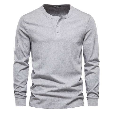 Men Cotton Long Sleeve Henley Shirt Slim Fit Three Button Round Neck Solid Color Casual Base Layer Tops