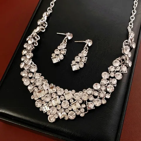 Collana E Orecchini A Rombo Geometrico Con Strass E Perno In Argento Stile Palazzo Vintage Lusso Donna