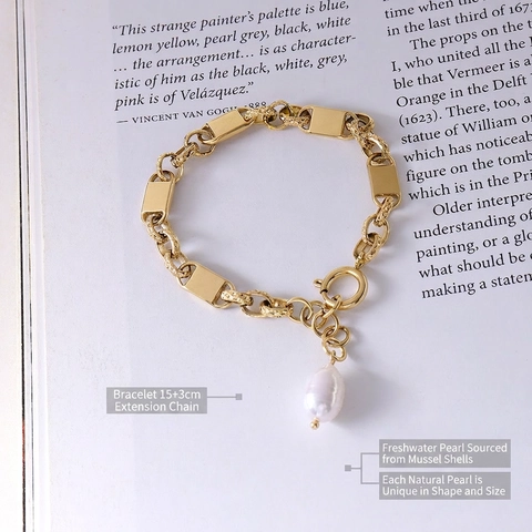 Bracciale A Catena Retro Francese Acciaio Al Titanio Placcato Oro 18K Perla D'Acqua Dolce Ciondolo Goccia Geometrico Elegante Gioielli