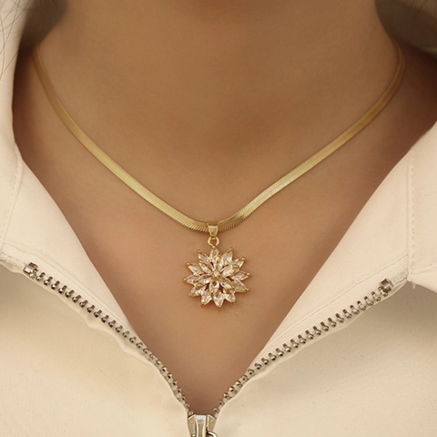Sunflower Pendant Necklace Copper Gold Plated With Clear Zircon Inlay Snake Bone Chain Elegant Jewelry For Women