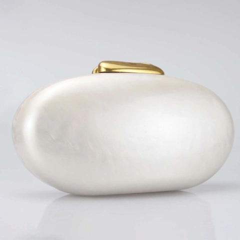 Women Acrylic Evening Clutch Bag Oval Shell Shape Artificial Pearl Texture Gold Snake Chain Wedding Party Crossbody Purse