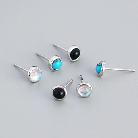 925 Sterling Silver Stud Earrings For Women Minimalist Round Geometric Black Onyx Turquoise Moonstone Bezel Setting Small