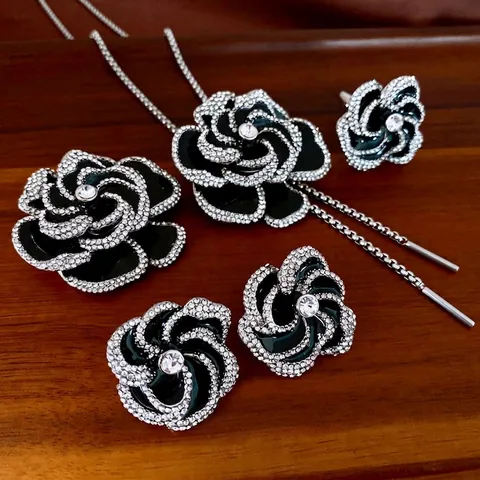 Camellia Flower Jewelry Necklace Brooch Ring Rhinestone Alloy Earrings With 925 Sterling Silver Earring Post Vintage Style