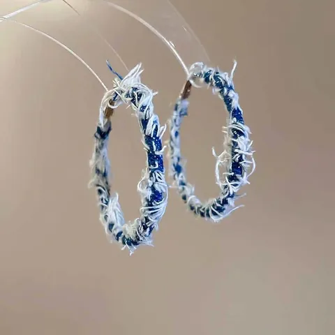 Denim Fabric Large Hoop Earrings With 925 Sterling Silver Earring Post Frayed Edge Bohemian Retro C Shaped Jewelry For Women