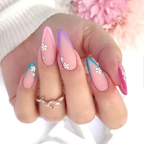 Matte Almond Press On Nails French Tip Colorful Gradient Borders White Daisy Pattern ABS Artificial Fake Nails For Women