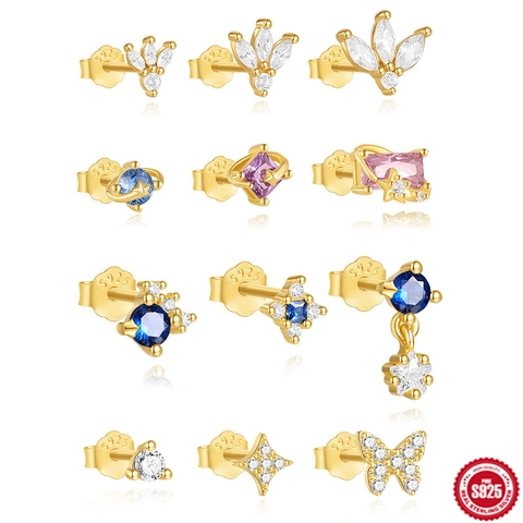 Zircon 925 Sterling Silver Earrings With 925 Sterling Silver Earring Post Gold Plated Star Butterfly Geometric Jewelry For Women