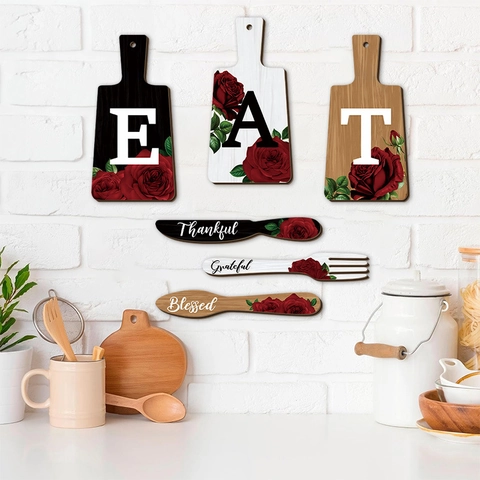 Wooden Kitchen Wall Decor EAT Letters Cutting Board Sign And Knife Fork Spoon Shapes With Rose Farmhouse Rustic
