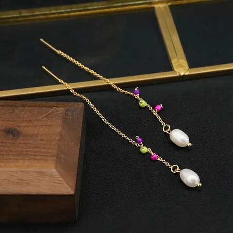 Handmade 925 Sterling Silver Freshwater Pearl Ear Threaders For Women Gold Plated Colorful Beads Long Drop Earrings Jewelry