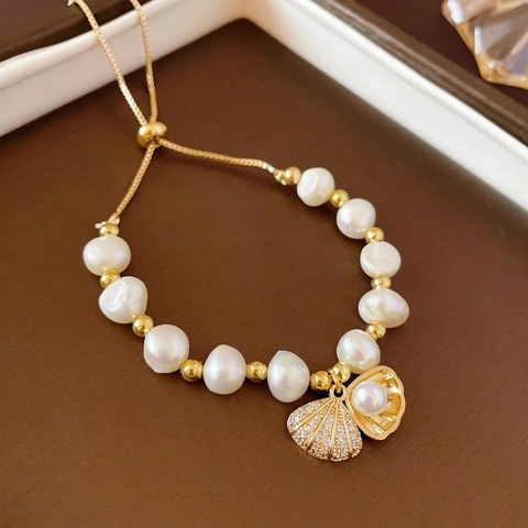 Natural Freshwater Pearl Bracelet Gold Plated Copper Zircon Shell Cat Pendant Adjustable Slider Jewelry For Women