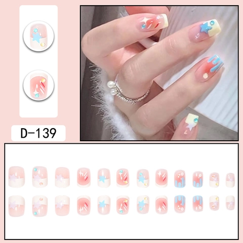 Star Smudge Rainbow Press On Nails Künstliche Falsche Nägel Mit 3D Sternen Strasssteinen Süßer Süßer Stil Für Frauen