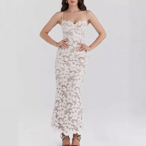 Women Sexy Lace Cami Maxi Dress Elegant Backless Lace Up Slim Fit Evening Party Gown White Floral Pattern