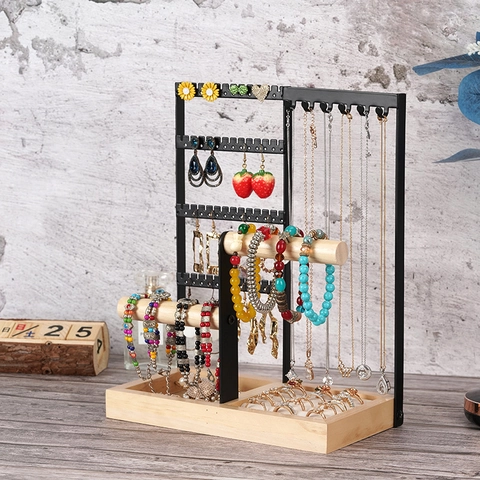 Jewelry Organizer Stand Wood Metal Desktop Display Rack Tiered Double Rod For Necklaces Earrings Bracelets Rings Nordic