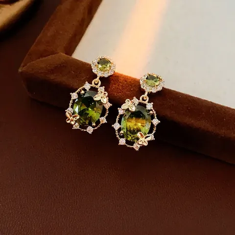 Vintage Butterfly Stud Earrings With Green Zircon Copper Base And Silver Earring Post Retro Luxury Jewelry For Women