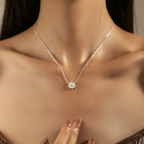Collar Con Colgante De Flor Margarita Plata De Ley 925 Esmalte Blanco Minimalista Estilo Dulce Fresco Joyería Para Mujeres Niñas