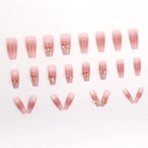 Press On Nails Long Coffin Gradient Pink Rhinestone Heart Glitter French Style Artificial Fingernails For Women