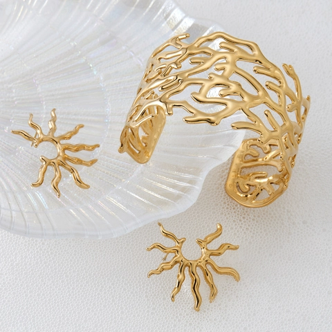 Set Gioielli Donna In Acciaio Inossidabile 316 Con Bracciale Aperto Radice Albero Traforato E Orecchini Solari Minimalisti
