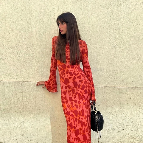 Women Autumn Floral Print Round Neck Flare Long Sleeve Slim Fit Maxi Dress Elegant Polyester Blend