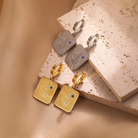 Pendientes Colgantes Rectangulares Vintage Acero Inoxidable Chapado En Oro Real Grabado Tughra Otomana Circón Azul Para Mujeres