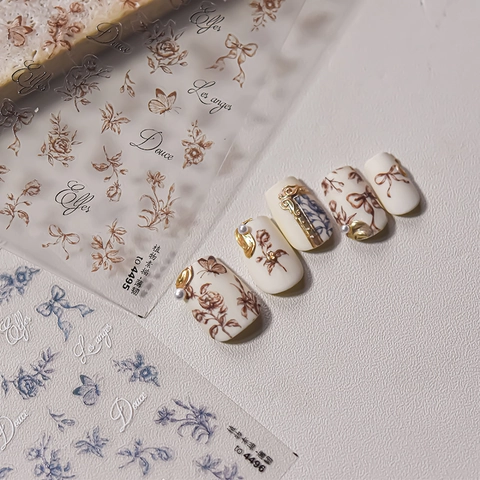Vintage Nail Art Stickers Relief Flower Butterfly Bow DIY Manicure Decoration Retro French Style Embossed Elegant