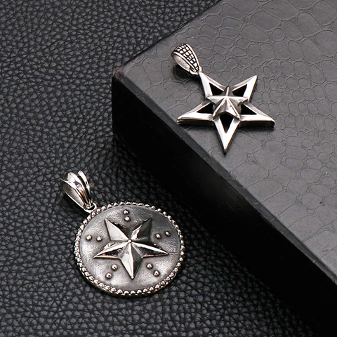 Pendente Moneta Rotonda Stella Pentagramma In Acciaio Inossidabile Vintage Per Uomo Gioielli Hip Hop Retro Tendenza Argento