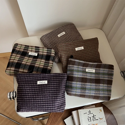 Vintage Geruite Wollen Cosmetische Tas Retro Make-up Tasje Met Rits Dames Reis Toiletartikelen Organisator Eenvoudige Clutch