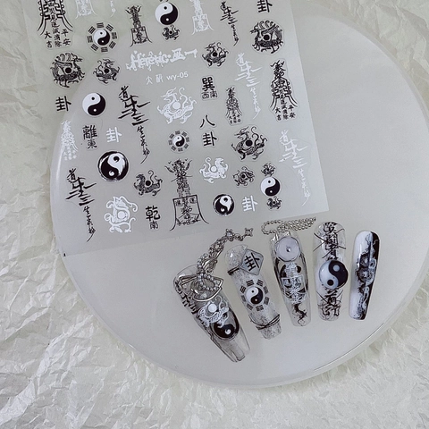 Nail Art Stickers 3D Embossed Chinese Calligraphy Dragon Tai Chi Bagua Angel Cupid Manicure Decoration DIY Accessories