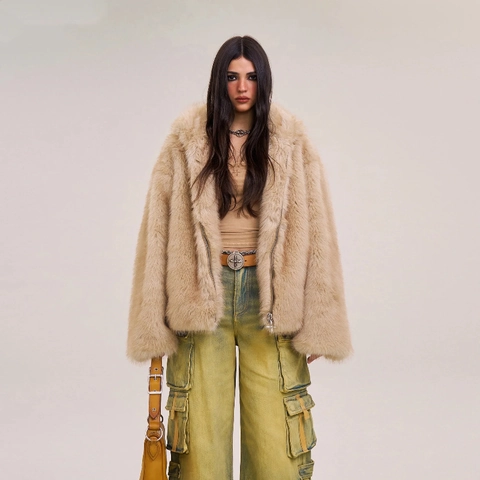 Hooded Faux Fur Jacket Loose Fluffy Oversized Winter Coat Warm Long Sleeve Streetwear Casual Polyester