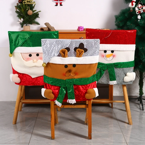 Christmas Chair Back Covers With Sequins And Plush Santa Snowman Reindeer Pattern For Dining Room Table Party Ornament Novelty