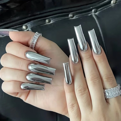 Uñas Postizas De Espejo Cromado Plateado Forma Ataúd Largo Plástico Estilo Cyberpunk Metálico Y2K