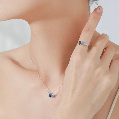 Elegante 925 Sterlingsilber Blau Zirkonia Schmuck Kollektion Für Damen Geometrische Quadratische Anhänger Halskette Ring Ohrringe