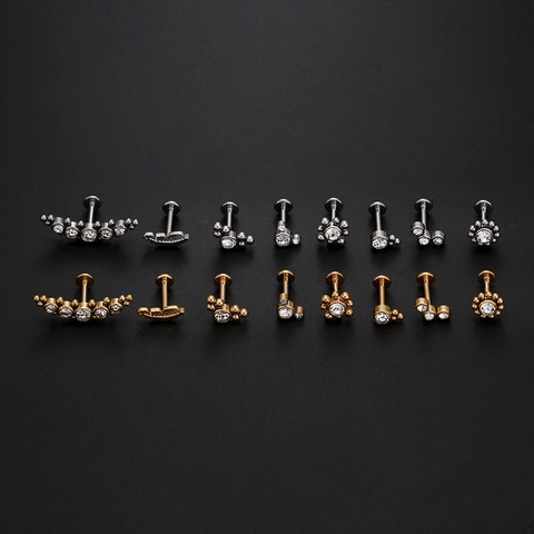 Stainless Steel Zircon Labret Studs Lip Ring Internally Threaded Ear Cartilage Earrings Body Piercing Jewelry Leaf Flower
