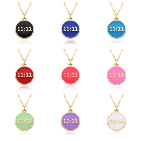 11:11 Angel Number Round Pendant Necklace Copper 18K Gold Plated Enamel Lucky Jewelry For Women Minimalist Ins Style Gift