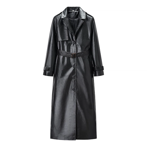 Dames Lange PU Leren Trenchcoat Zwart Synthetische Riem Elegante Windjack Enkele Rij Knopen Epauletten