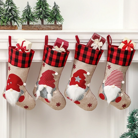Christmas Stockings With Dimensional Gnome Design Burlap Buffalo Plaid Cuff Nordic Rustic Hanging Gift Bags For Holiday Decor