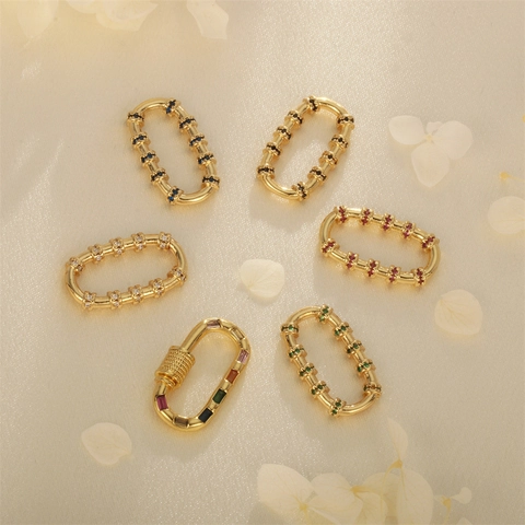 Chiusura A Moschettone Ovale Connettore Pendente Zircone Intarsiato Rame Placcato Oro Per Creazione Gioielli DIY Stile Punk