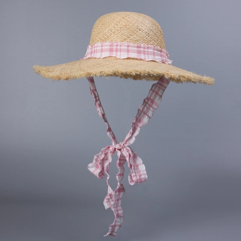 Women Wide Brim Raffia Straw Hat With Gingham Ribbon Bow Tie Frayed Edge Summer Beach Sunshade Vacation Sweet