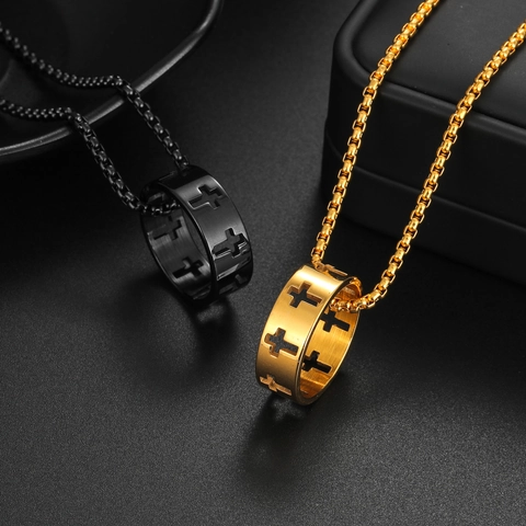 Stainless Steel Necklace Hollow Cross Ring Pendant Gothic Hip Hop Fashion Jewelry For Men Unisex