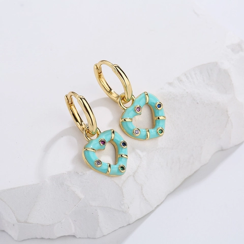Heart Pendant Hoop Earrings Copper Real Gold Plated Enamel Colorful Zircon Bohemian Niche Design Jewelry For Women