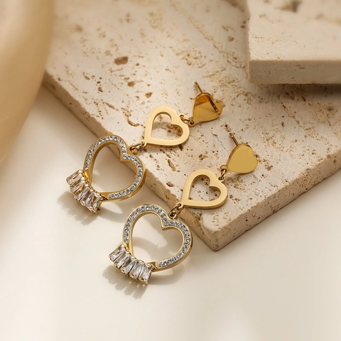 Orecchini Pendenti Geometrici A Cuore In Acciaio Inossidabile Placcato Oro Vero Zirconia Accessori Donna
