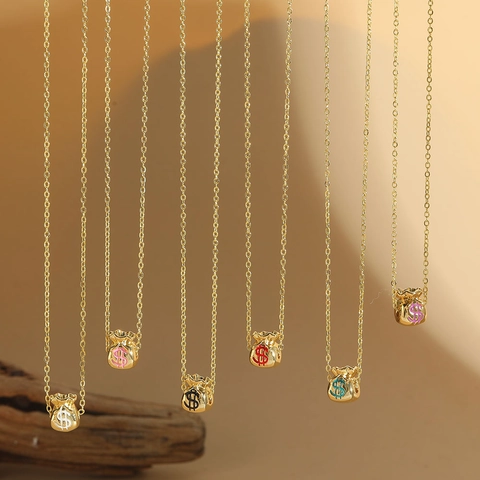 Collier Pendentif Sac D'Argent En Cuivre Avec Signe Dollar Coloré Émail Bijoux Exotiques Minimalistes Pour Femmes