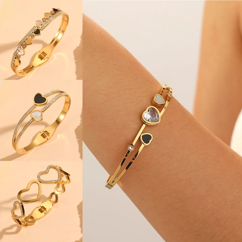 Heart Bangle Bracelet Stainless Steel Gold Plated With Zircon And Mother Of Artificial Pearl Shell Inlay Fashion Jewelry For Women