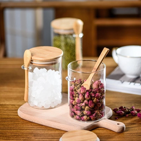 Borosilicate Glass Food Storage Jar With Bamboo Wood Lid And Spoon For Kitchen Counter Organization Sugar Coffee Bean Candy Container Modern Minimalist Home Decor